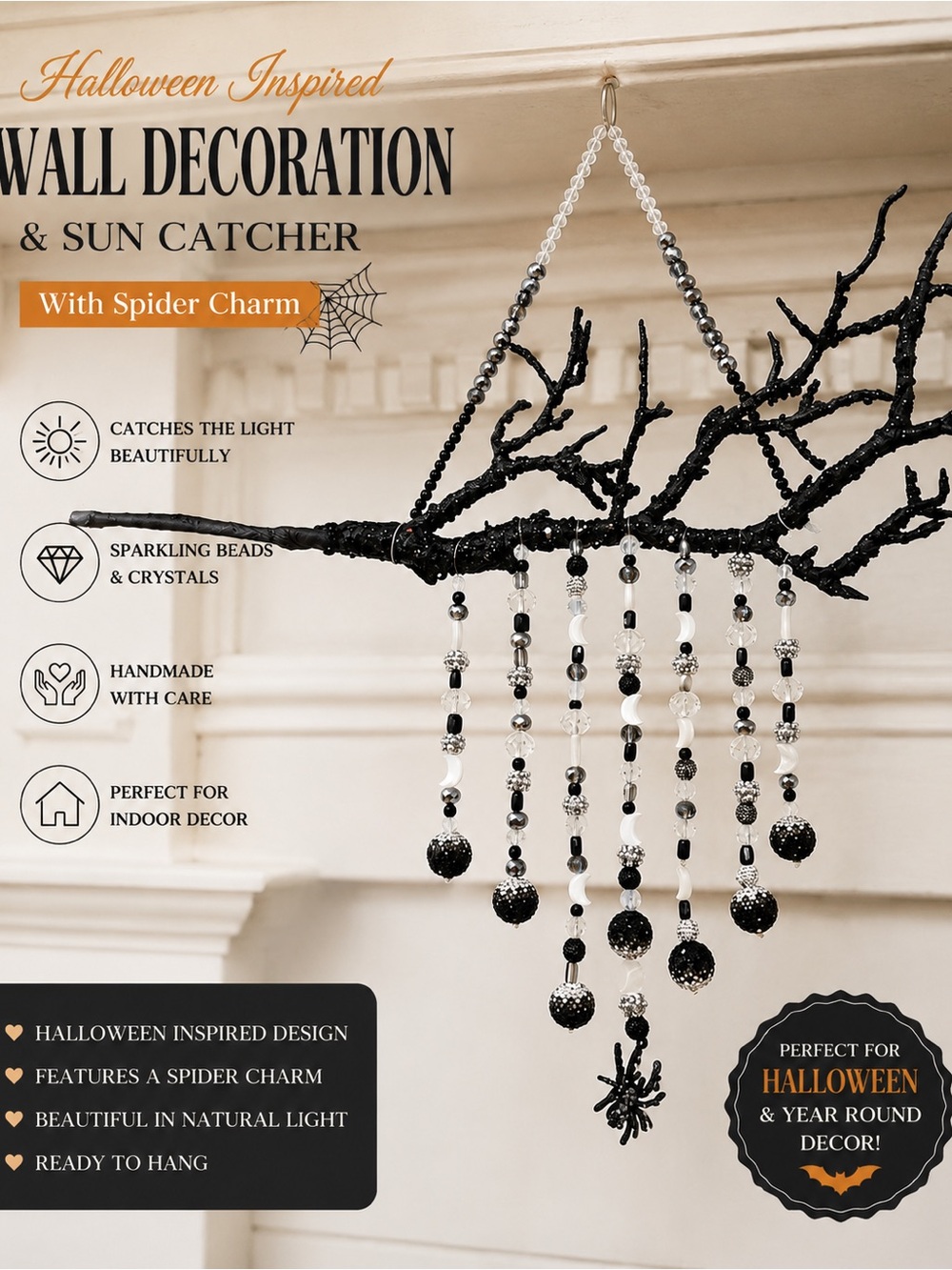 Halloween-Inspired Black and White Beaded Wall Decoration & Suncatcher